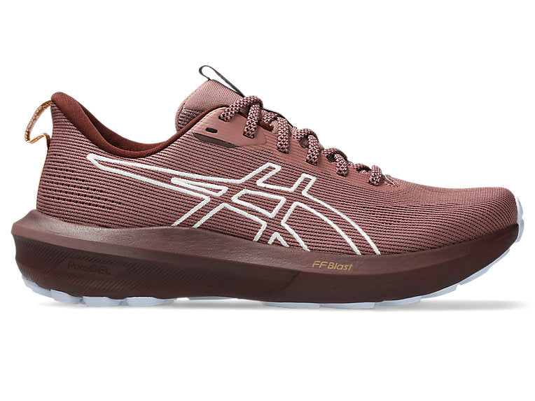 Side view on white background of Womens Asics GT-1000 14 running shoe in Nature Bathing/Rubble Red, Medium (Regular) width
