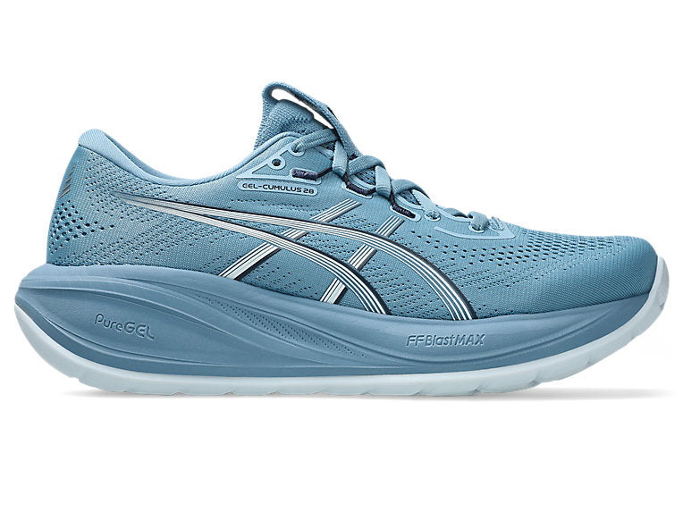 Side view on white background of Womens Asics Gel-Cumulus 28 running shoe in Saba Blue/Arctic Blue, Medium (Regular) width