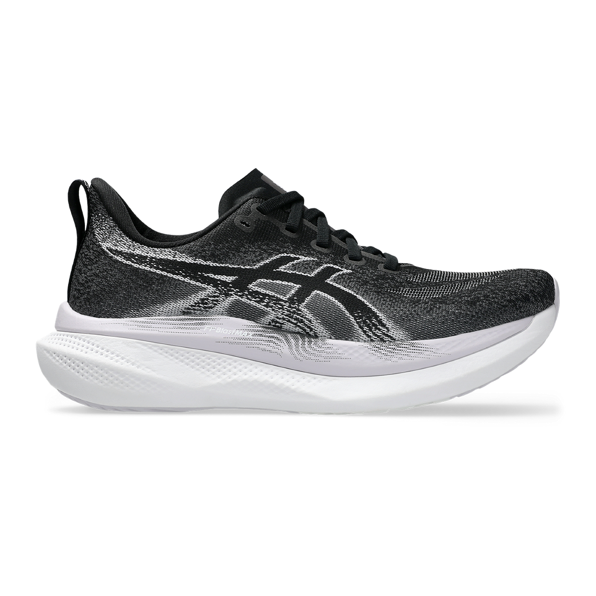 Side view on white background of Womens Asics GlideRide Max running shoe in Black/Lilac Hint, Medium (Regular) width
