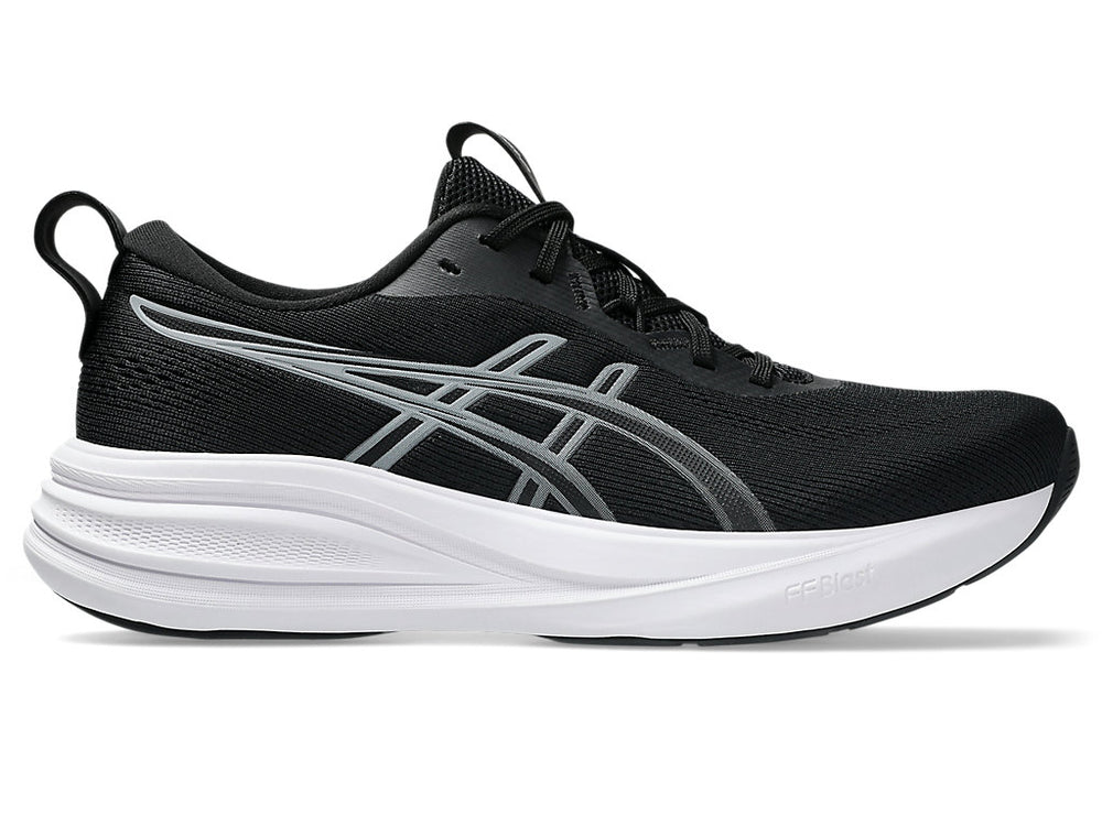 Side view on white background of Womens Asics Gel-Pulse 17 running shoe in Black/Gravel, Medium (Regular) width