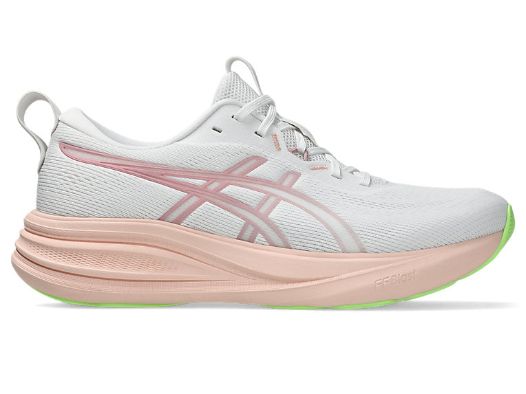 Side view on white background of Womens Asics Gel-Pulse 17 running shoe in White/Pearl Pink, Medium (Regular) width