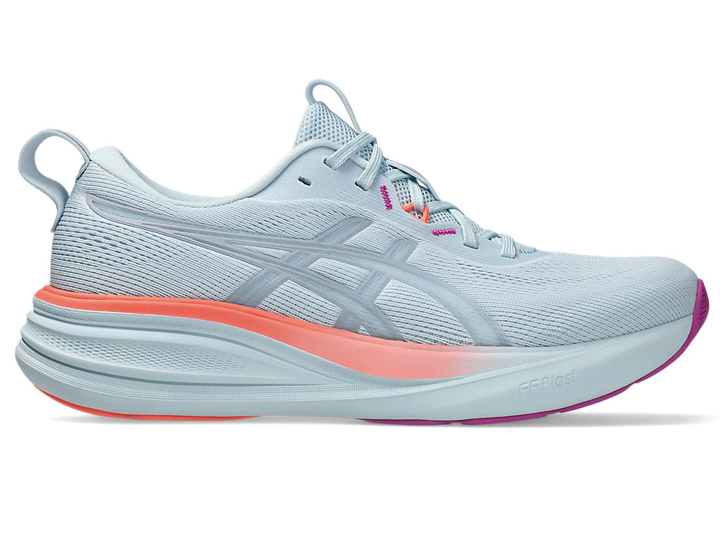 Side view on white background of Womens Asics Gel-Pulse 17 running shoe in Sky/Grey Blue, Medium (Regular) width