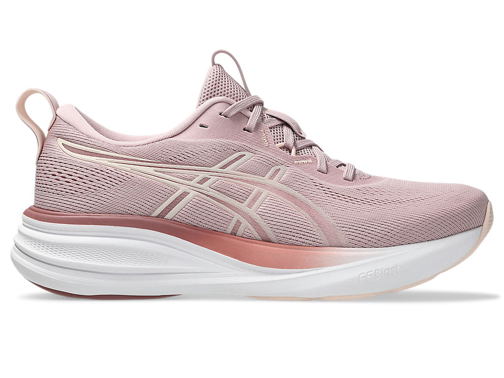 Side view on white background of Womens Asics Gel-Pulse 17 running shoe in Morganite/Pearl Pink, Medium (Regular) width