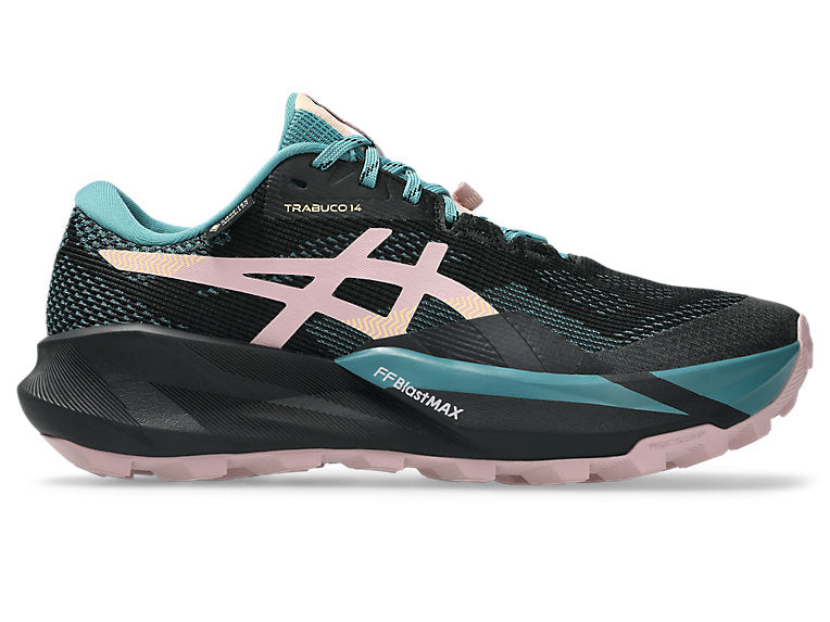 Side view on white background of Womens Asics Trabuco 14 GTX running shoe in Black/Morganite, Medium (Regular) width