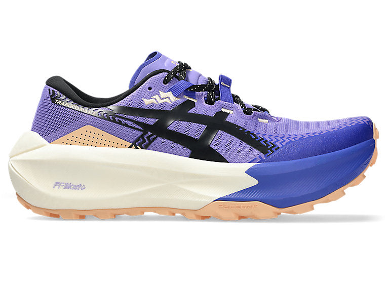 Side view on white background of Womens Asics Trabuco Max 5 running shoe in Amethyst/Black, Medium (Regular) width