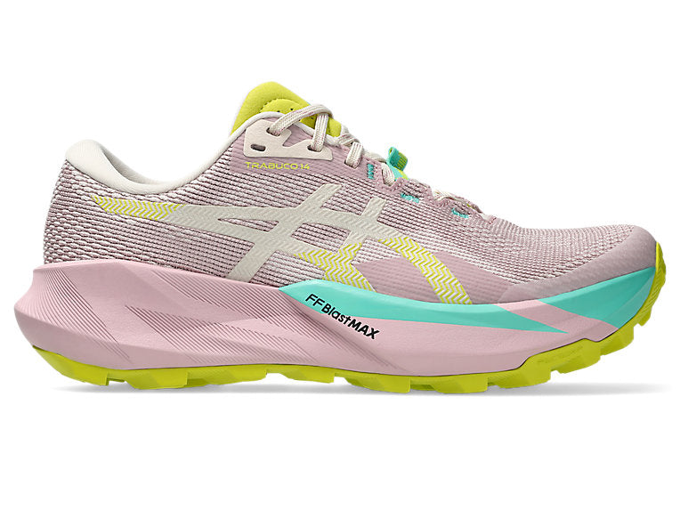 Side view on white background of Womens Asics Trabuco 14 running shoe in Morganite/Mineral Beige, Medium (Regular) width