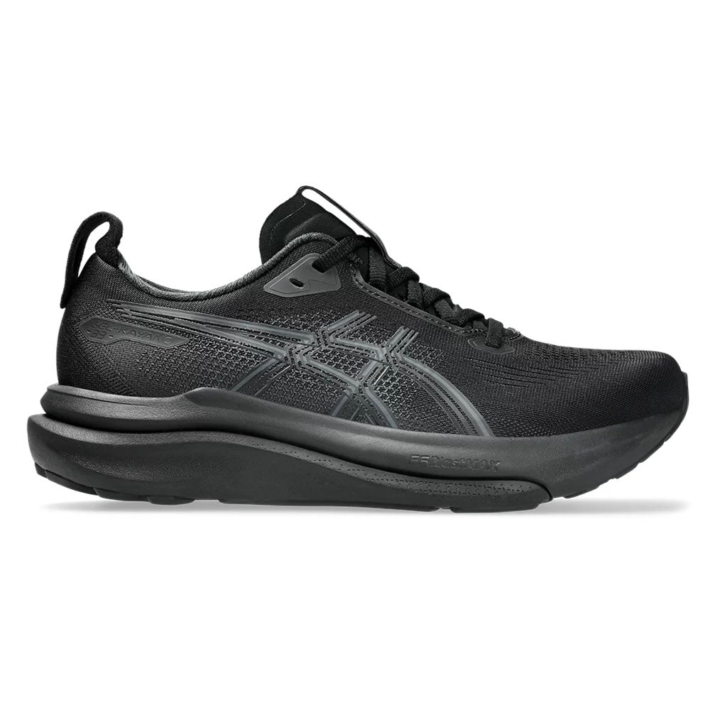 Side view on white background of Womens Asics Gel-Kayano running shoe in Black/Black, Medium (Regular) width
