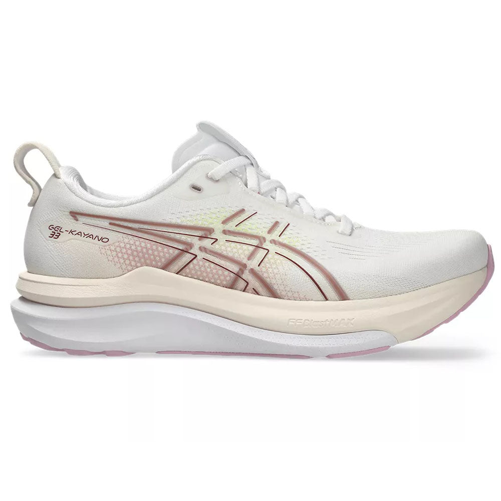 Side view on white background of Womens Asics Gel-Kayano running shoe in White/Hazy Lilac, Wide width