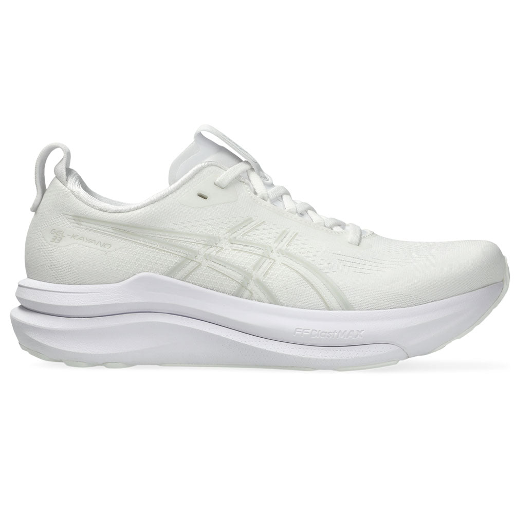 Side view on white background of Womens Asics Gel-Kayano running shoe in White/White, Medium (Regular) width