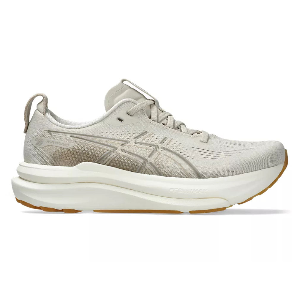 Side view on white background of Womens Asics Gel-Kayano running shoe in Oatmeal/Cream, Medium (Regular) width