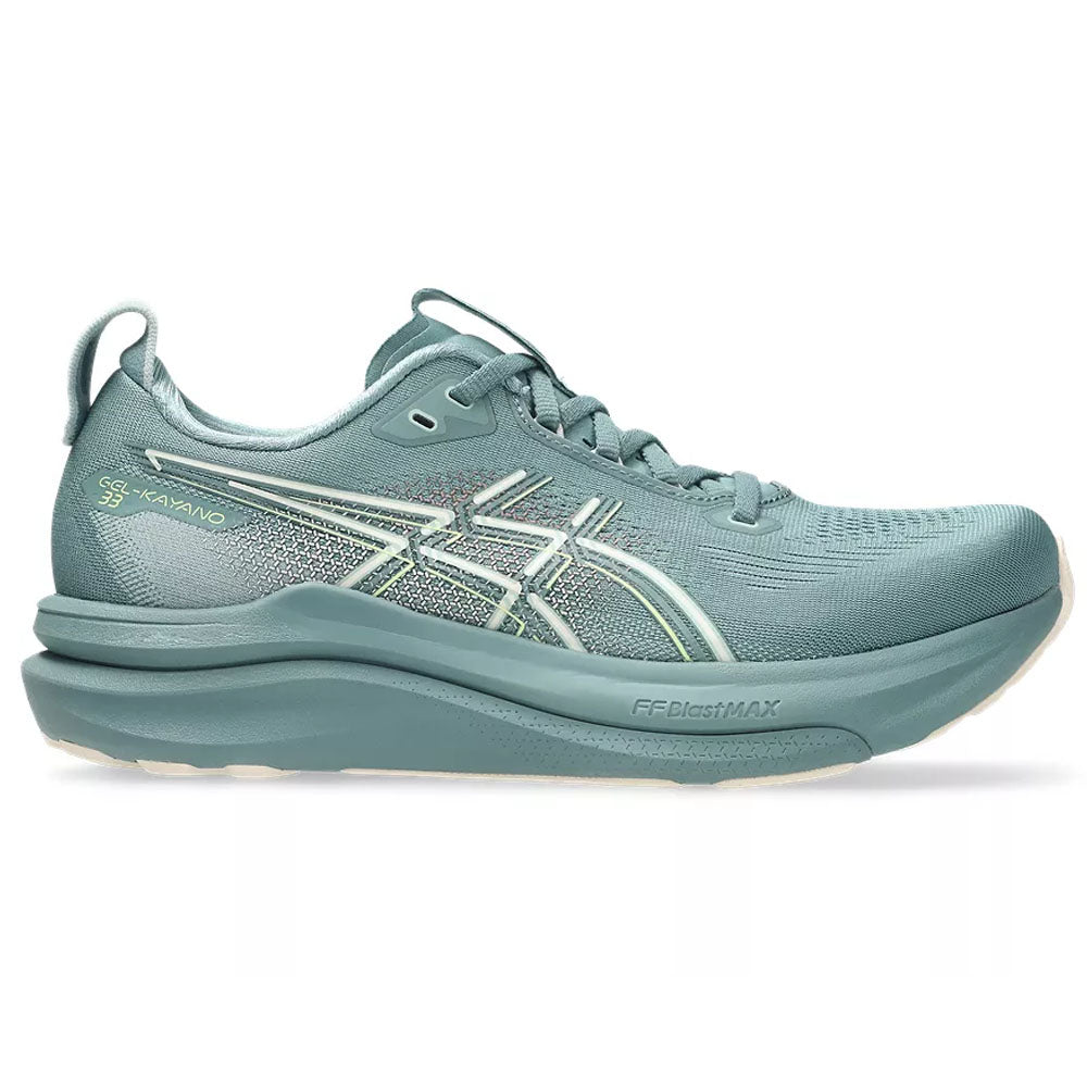 Side view on white background of Womens Asics Gel-Kayano running shoe in Foggy Teal/Rose Dust, Medium (Regular) width