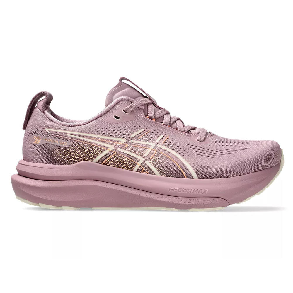 Side view on white background of Womens Asics Gel-Kayano running shoe in Taro Purple/Dusty Mauve, Medium (Regular) width