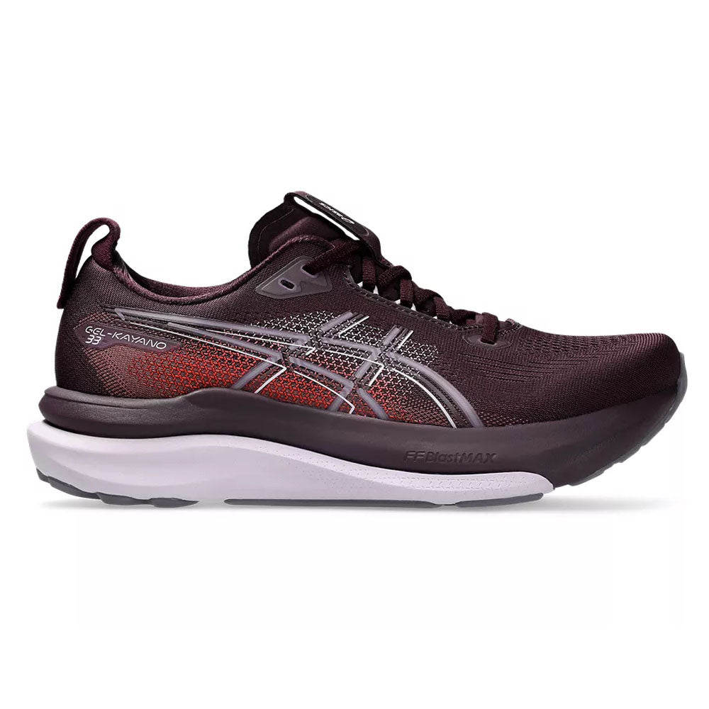 Side view on white background of Womens Asics Gel-Kayano running shoe in Dark Aubergine/Dahlia, Medium (Regular) width