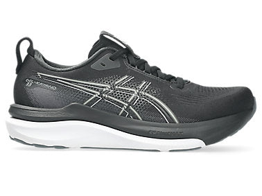 Side view on white background of Womens Asics Gel-Kayano 33 running shoe in Black/White, Wide width