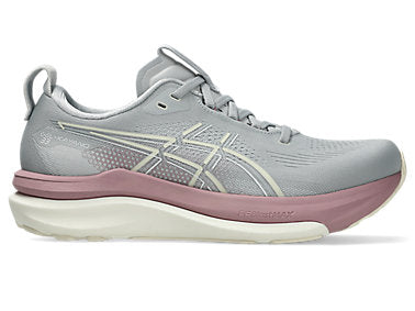 Side view on white background of Womens Asics Gel-Kayano 33 running shoe in Piedmont Grey/Taro Purple, Medium (Regular) width