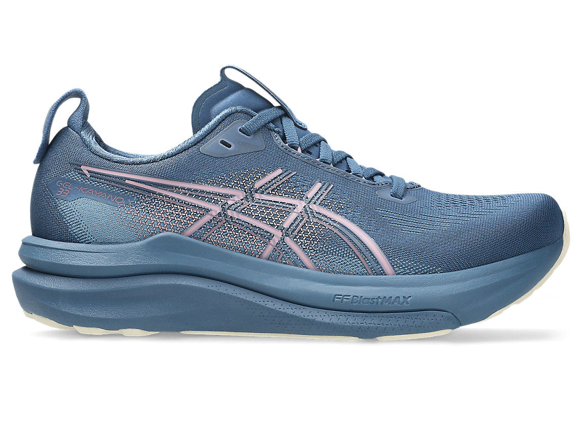 Side view on white background of Womens Asics Gel-Kayano 33 running shoe in GrandShark/Taro Purple, Medium (Regular) width