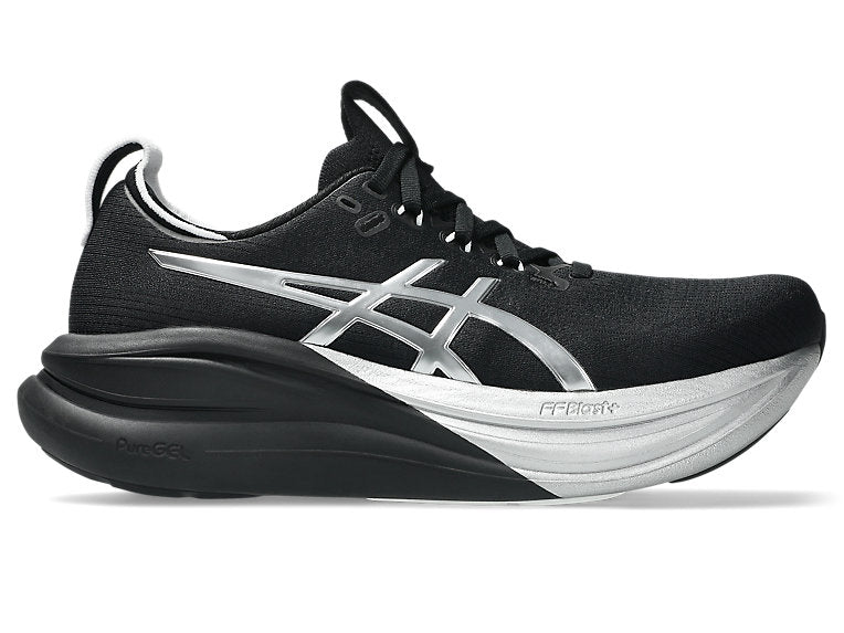 Side view on white background of Womens Asics Gel-Nimbus 28 running shoe in Platinum/Black, Medium (Regular) width
