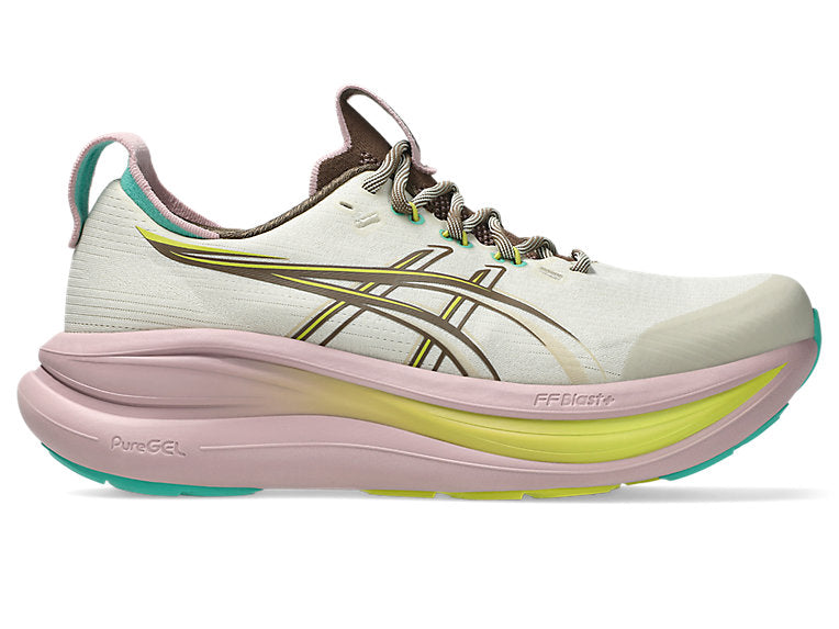 Side view on white background of Womens Asics Gel-Nimbus 28 running shoe in Light Dust/Clay Canyon, Medium (Regular) width