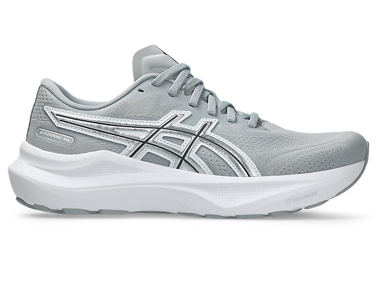 Side view on white background of Womens Asics GT-2000 14 running shoe in Piedmont Grey/Pure Silver, Medium (Regular) width