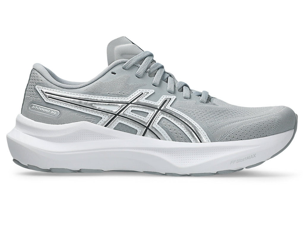 Side view on white background of Womens Asics GT-2000 14 ATC running shoe in Piedmont Grey/Pure Silver, Medium (Regular) width