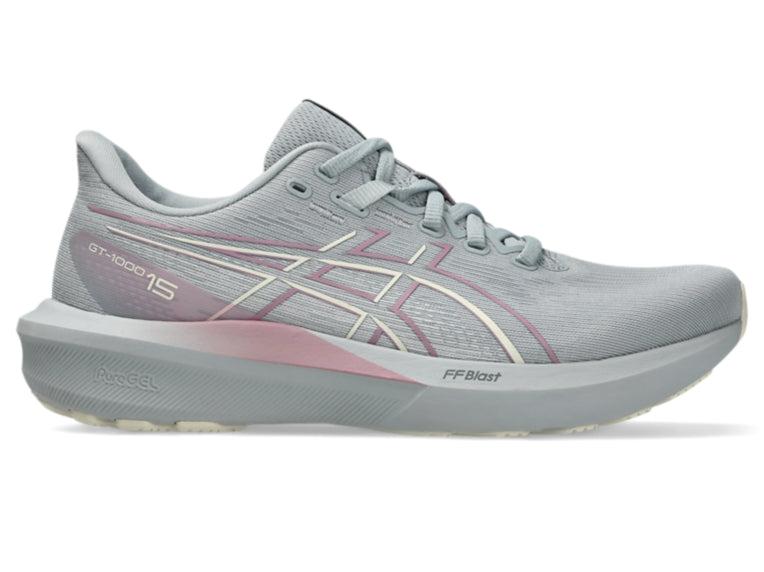 Side view on white background of Womens Asics GT-1000 15 running shoe in Piedmont Grey/Taro Purple, Wide width