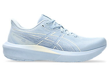 Side view on white background of Womens Asics GT-1000 15 running shoe in Solid Air/Cream, Medium (Regular) width