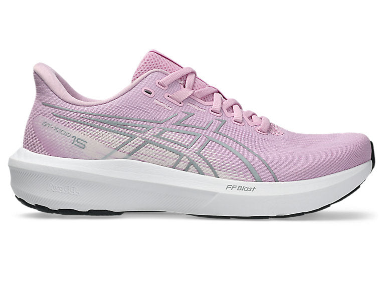 Side view on white background of Womens Asics GT-1000 15 running shoe in Hazy Lilac/White, Medium (Regular) width