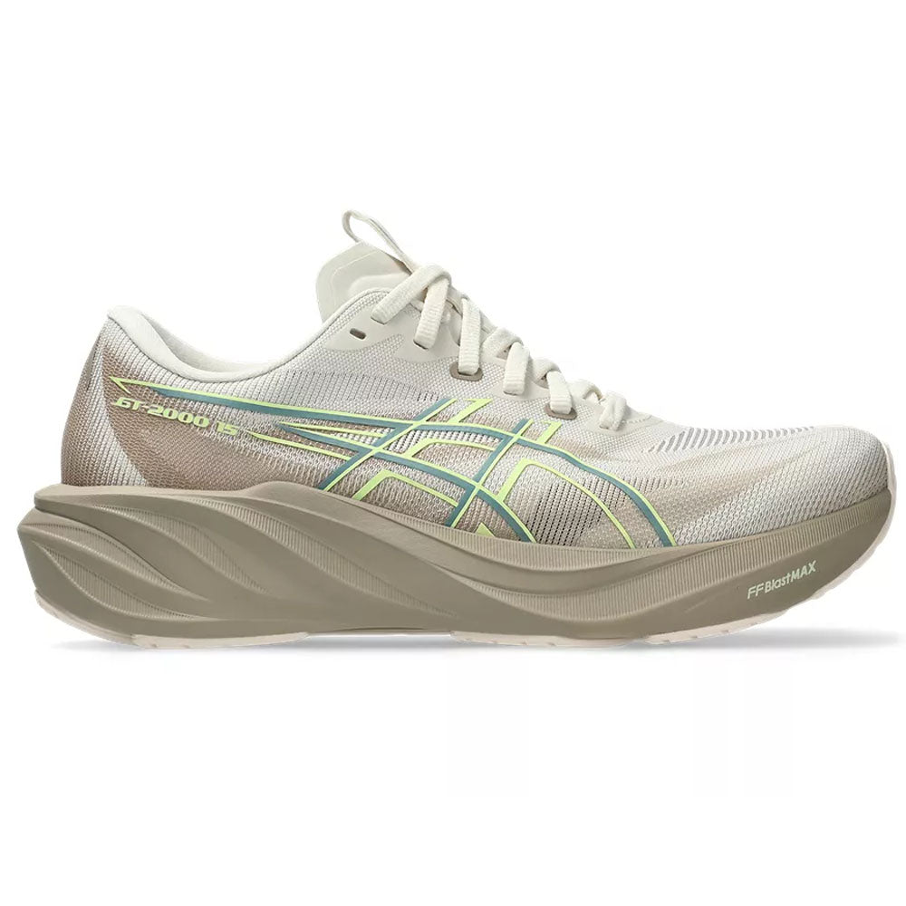 Side view on white background of Womens Asics GT-2000 running shoe in Birch/Greige, Medium (Regular) width