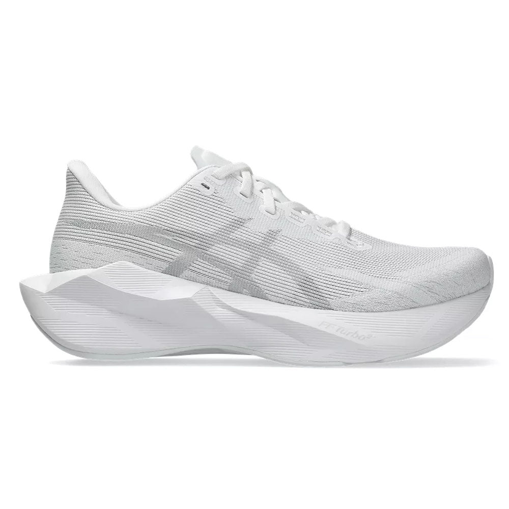 Side view on white background of Womens Asics Novablast running shoe in White/White, Medium (Regular) width
