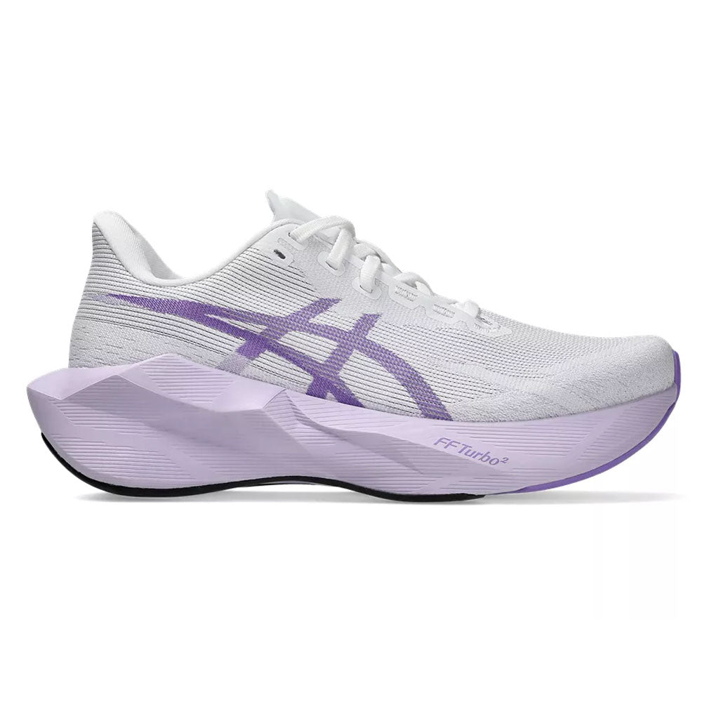 Side view on white background of Womens Asics Novablast running shoe in White/Murasaki, Medium (Regular) width