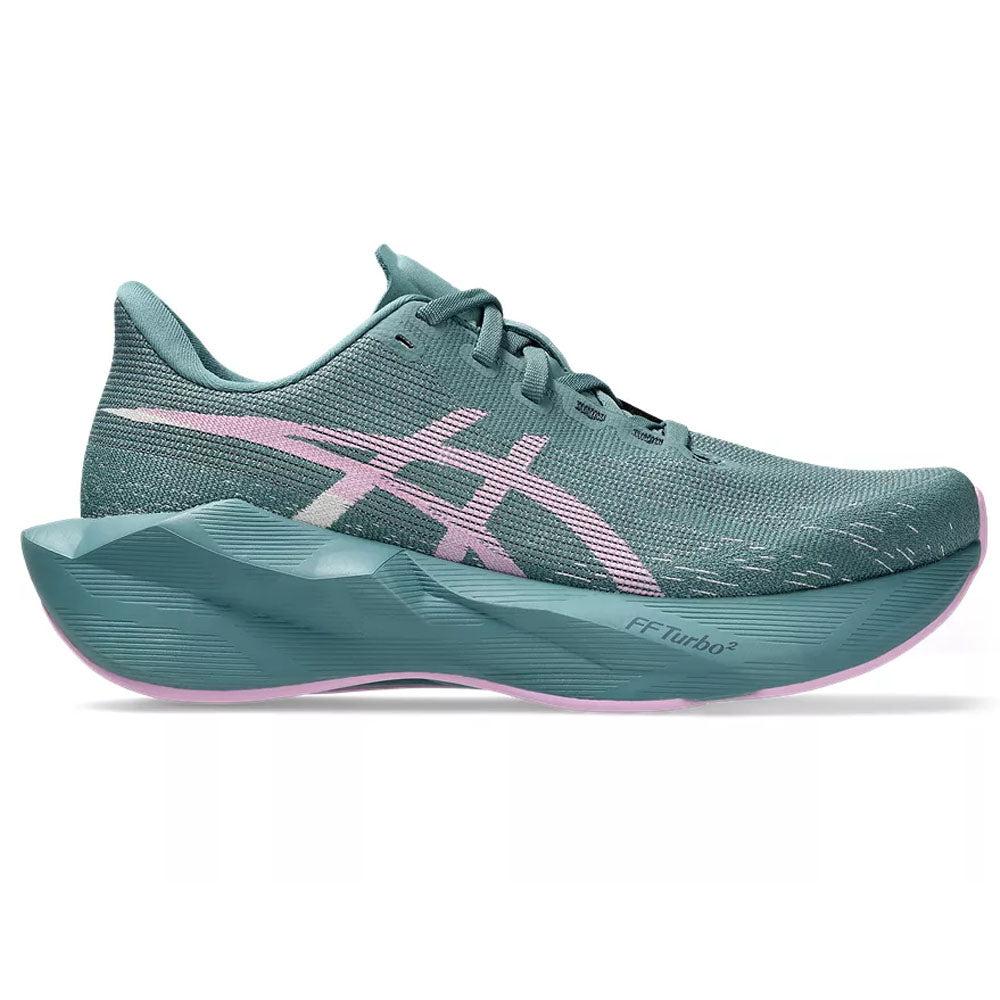 Side view on white background of Womens Asics Novablast running shoe in Foggy Teal/Hazy Lilac, Medium (Regular) width