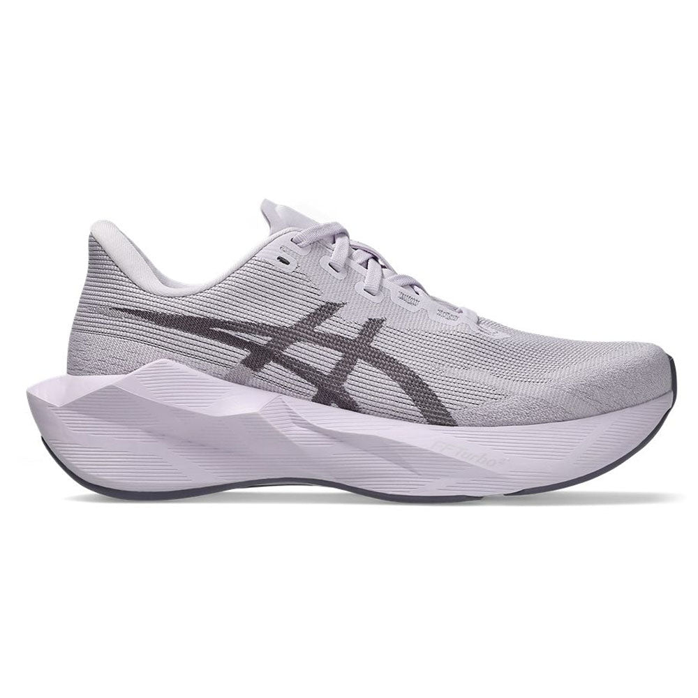 Side view on white background of Womens Asics Novablast running shoe in Dahlia/Lavender Grey, Medium (Regular) width