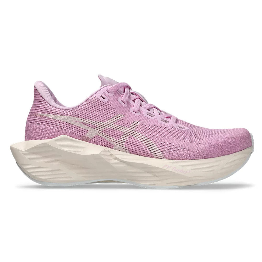 Side view on white background of Womens Asics Novablast running shoe in Hazy Lilac/Rose Dust, Medium (Regular) width
