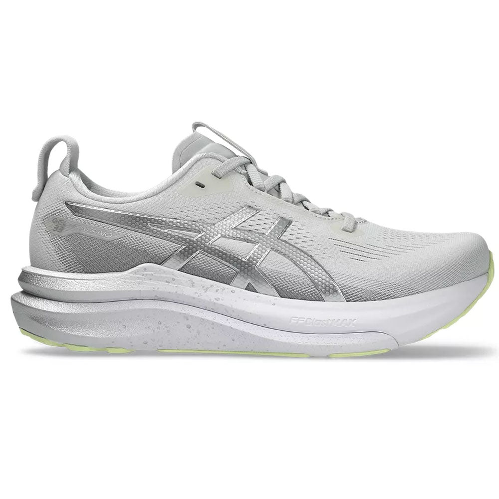 Side view on white background of Womens Asics Gel-Kayano running shoe in Platinum/Glow Green, Medium (Regular) width