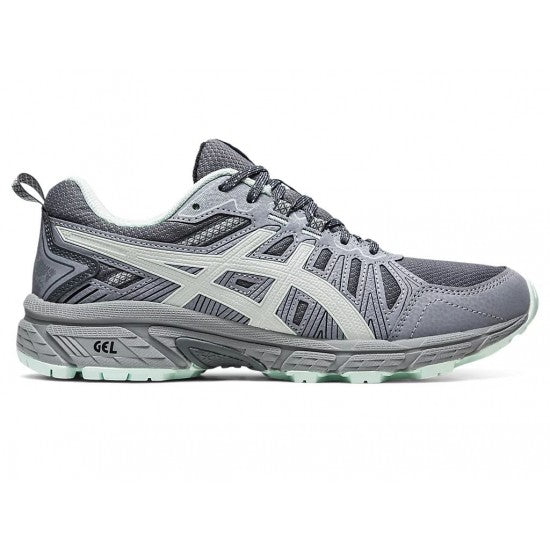 Side view on white background of Womens Asics Gel-Venture 7 running shoe in Steel Grey/Glacier Grey, Medium (Regular) width