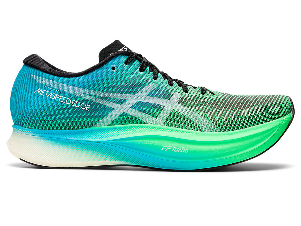 Side view on white background of Mens Asics Metaspeed Edge+ running shoe in Black/New Leaf, Medium (Regular) width