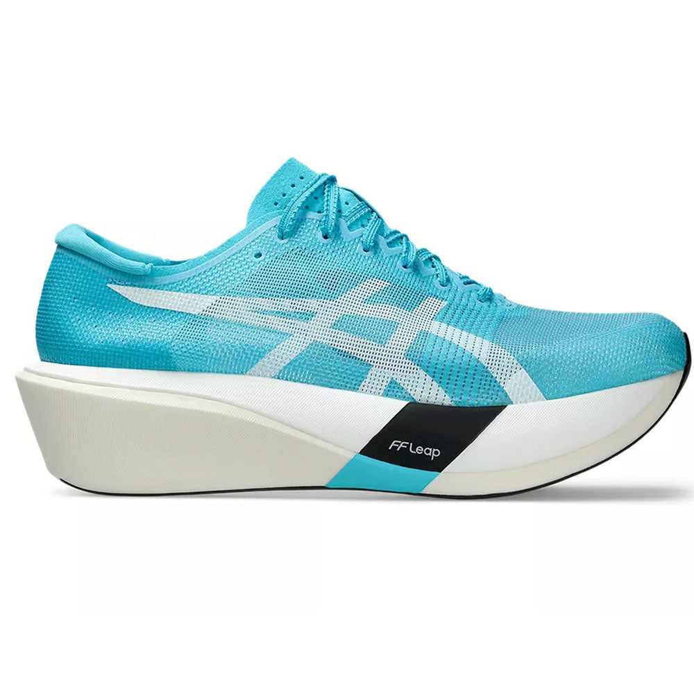 Side view on white background of Mens Asics Metaspeed running shoe in Aquarium/White, Medium (Regular) width