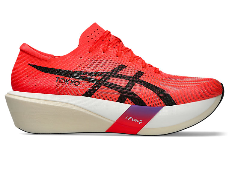 Side view on white background of Womens Asics Metaspeed Edge Tokyo running shoe in Flash Red/Black, Medium (Regular) width