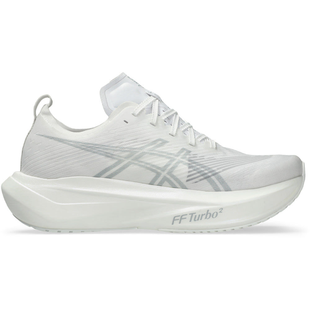 Side view on white background of Womens Asics Megablast running shoe in White/Piedmont Grey, Medium (Regular) width