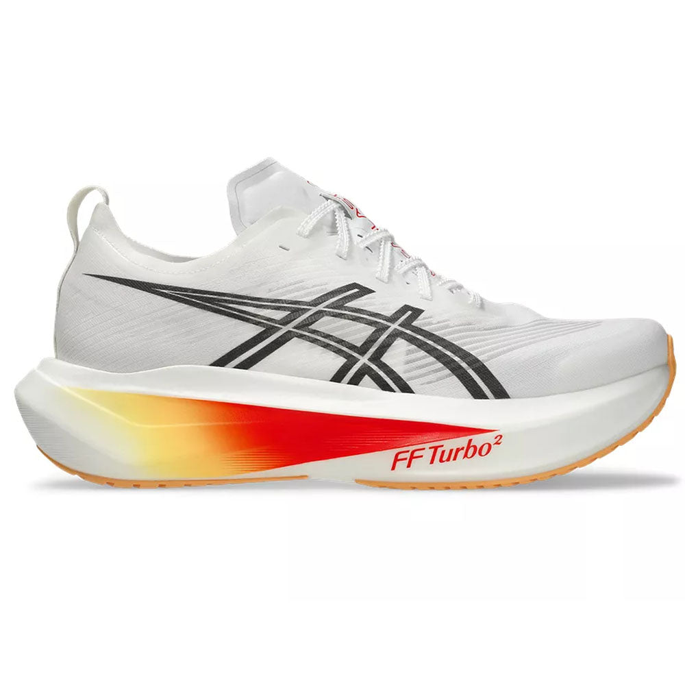 Side view on white background of Mens Asics Megablast running shoe in White/Orange Glow, Medium (Regular) width