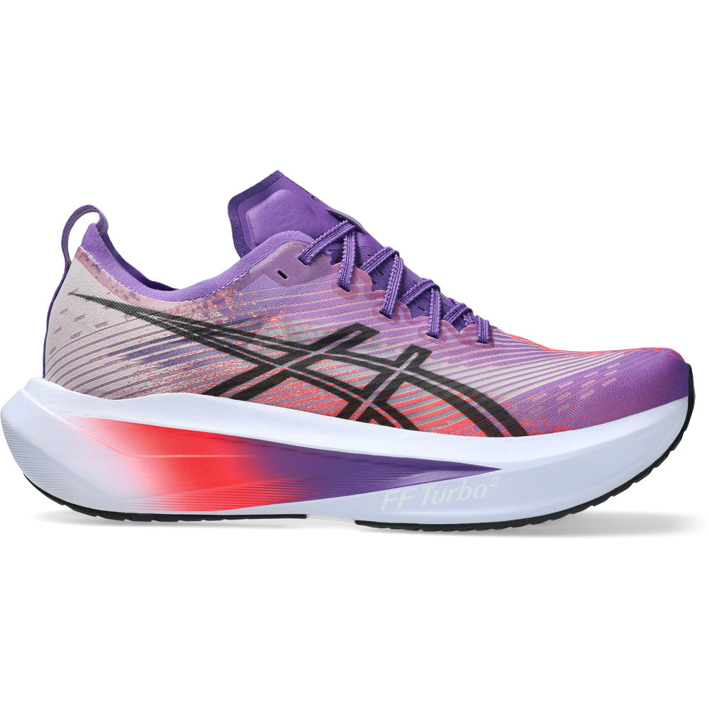 Side view on white background of Mens Asics Megablast running shoe in Edo Purple/Black, Medium (Regular) width