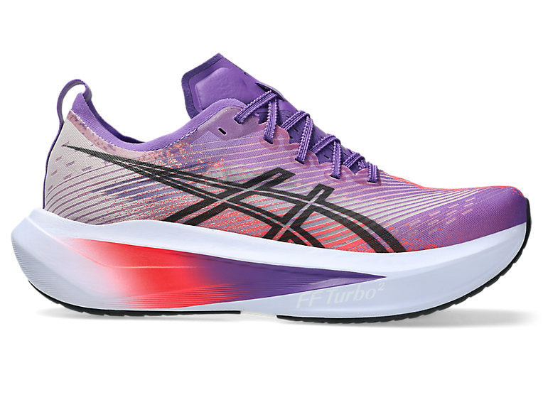 Side view on white background of Womens Asics Megablast running shoe in Edo Purple/Black, Medium (Regular) width