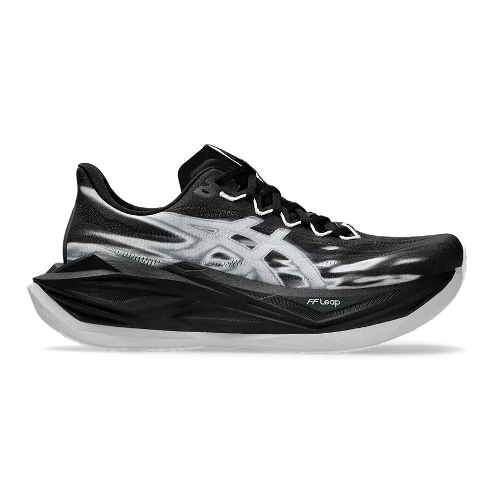 Side view on white background of Womens Asics Superblast running shoe in Black/Black, Medium (Regular) width