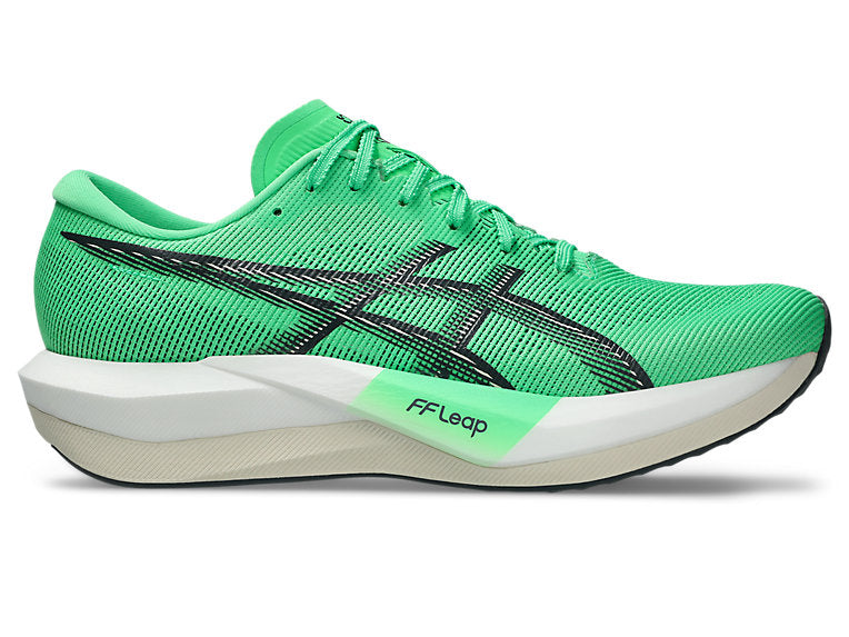 Side view on white background of Mens Asics Magic Speed 5 running shoe in Vital Green/Carrier Grey, Medium (Regular) width