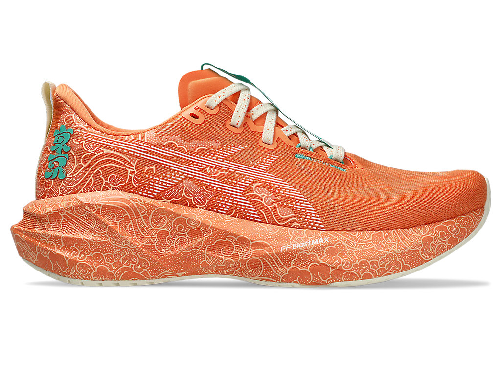 Side view on white background of Mens Asics Novablast 5 Tokyo running shoe in Sun Peach/White, Medium (Regular) width