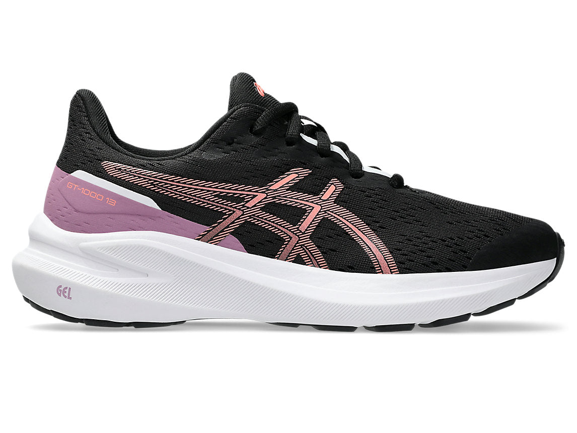 Side view on white background of Kids Asics GT-1000 13 GS running shoe in Black/Sun Coral, Medium (Regular) width