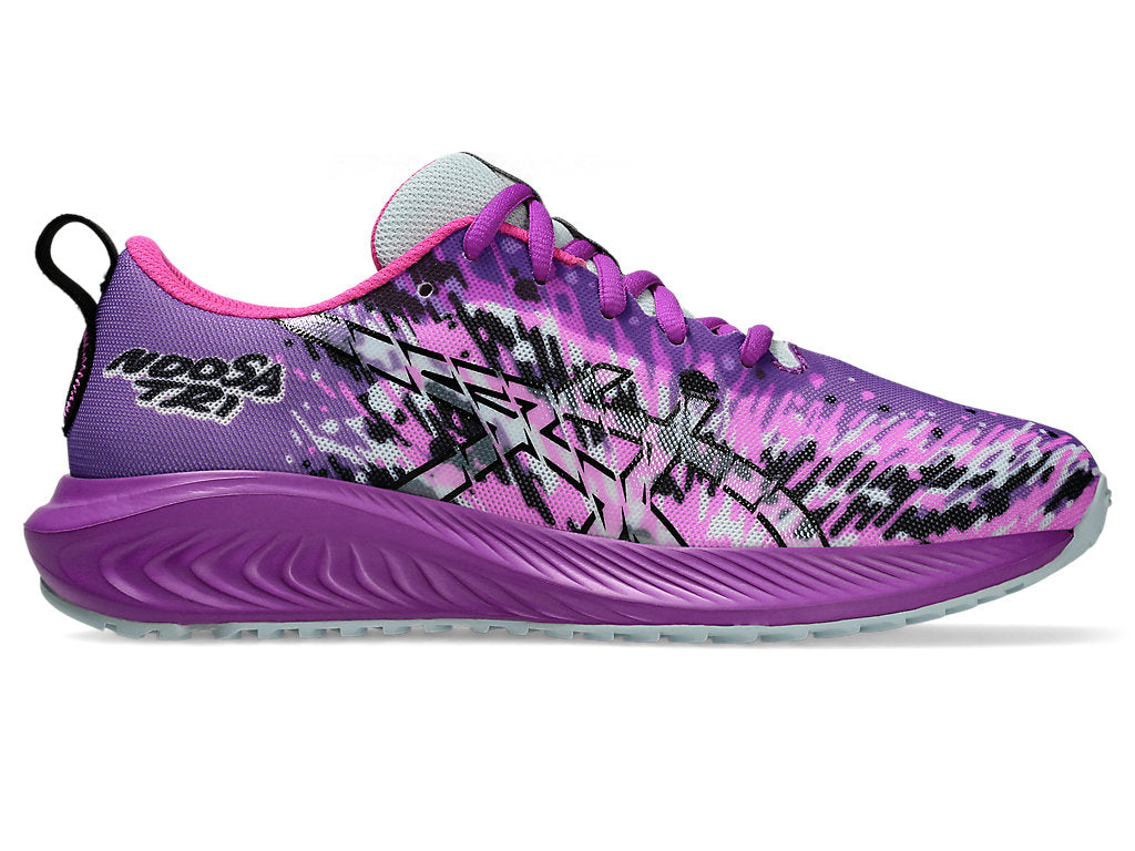 Side view on white background of Kids Asics Gel-Noosa Tri 16 GS running shoe in Safety Yellow/Black, Medium (Regular) width