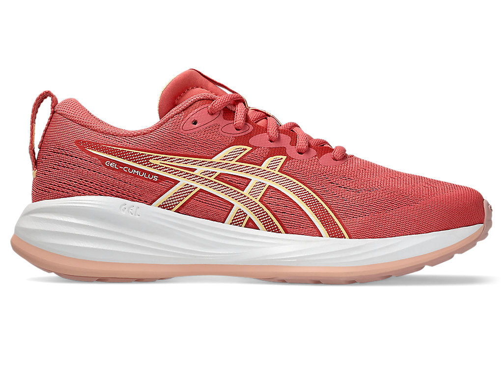 Side view on white background of Kids Asics Gel-Cumulus 27 GS running shoe in Dark Pink Clay/Cream, Medium (Regular) width