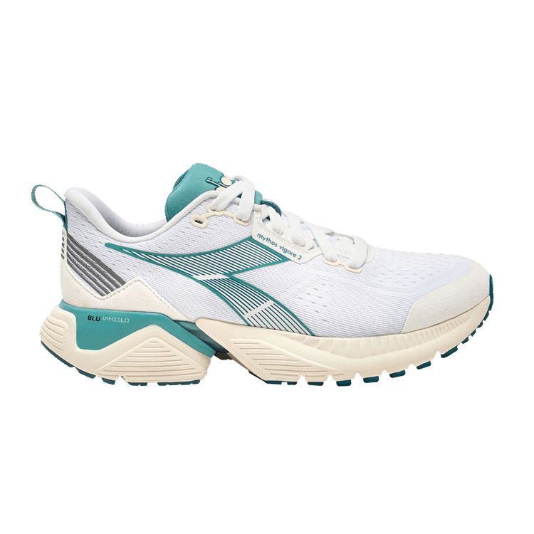 Side view on white background of Womens Diadora Mythos Blushield Vigore 2 running shoe in White/Dusty Turquise, Medium (Regular) width