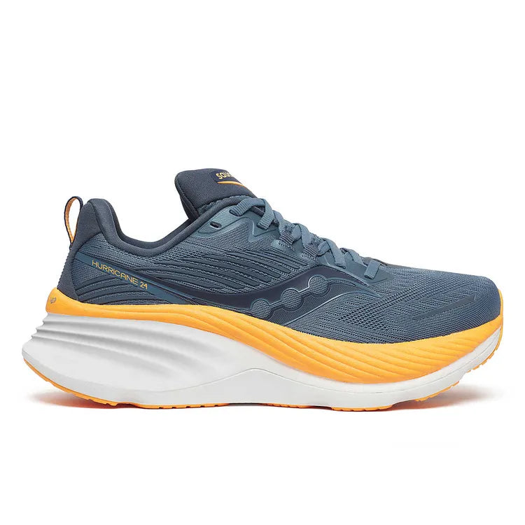 Side view on white background of Womens Saucony Hurricane 24 running shoe in Mirage/Peel, Medium (Regular) width